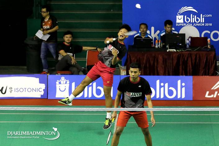 Muhammad Nendi Novantino/Teges Satriaji Cahyo Utomo (Jaya Raya) mengembalikan shuttlecock. Muhammad Nendi Novantino/Teges Satriaji Cahyo Utomo (Jaya Raya) mengembalikan shuttlecock.