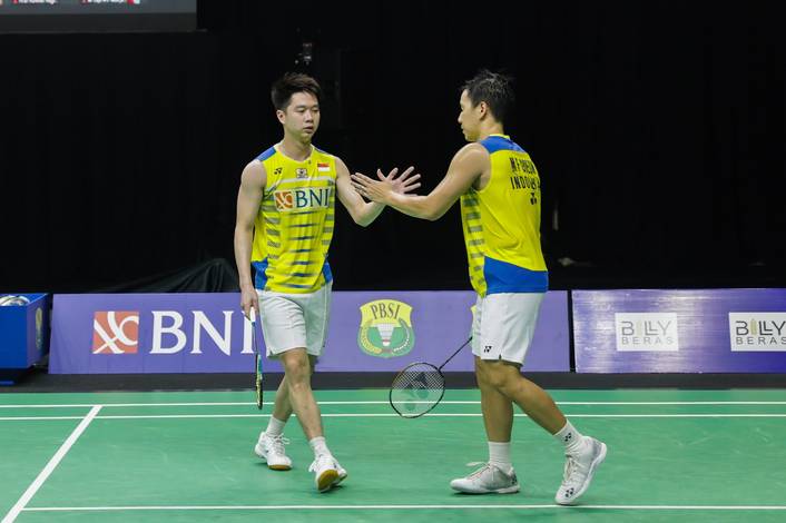Kevin Sanjaya Sukamuljo/Marcus Fernaldi Gideon (Indonesia) saat berlaga di Simulasi Olimpiade Tokyo 2020. (Foto: PP PBSI) Kevin Sanjaya Sukamuljo/Marcus Fernaldi Gideon (Indonesia) saat berlaga di Simulasi Olimpiade Tokyo 2020. (Foto: PP PBSI)
