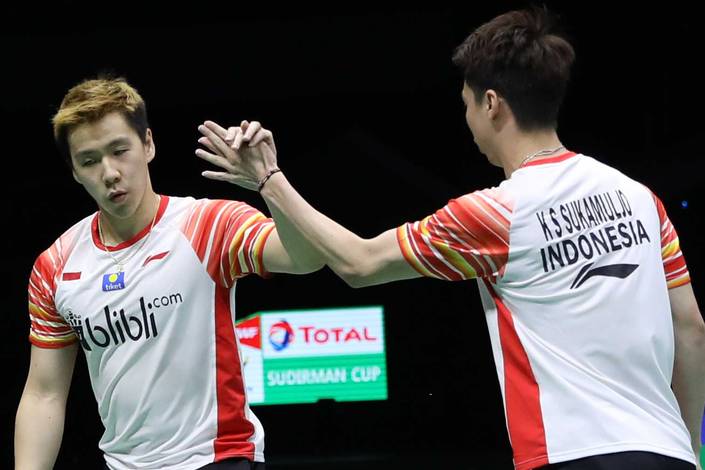 Selebrasi kemenangan Kevin Sanjaya Sukamuljo/Marcus Fernaldi Gideon (Indonesia). Selebrasi kemenangan Kevin Sanjaya Sukamuljo/Marcus Fernaldi Gideon (Indonesia).