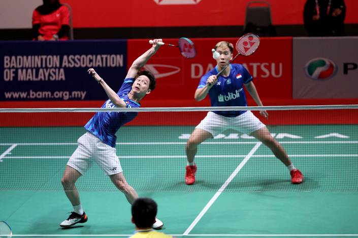 Kevin Sanjaya Sukamuljo/Marcus Fernaldi Gideon (Indonesia) menghadang pengembalian. Kevin Sanjaya Sukamuljo/Marcus Fernaldi Gideon (Indonesia) menghadang pengembalian.