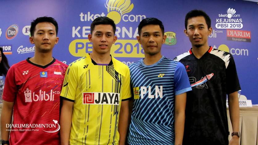 Ihsan Maulana Mustofa, Muhammad Rian Ardianto, Fajar Alfian dan Rian Agung Saputro berfoto bersama usai pressconference Tiket.com Kejurnas PBSI 2018. Ihsan Maulana Mustofa, Muhammad Rian Ardianto, Fajar Alfian dan Rian Agung Saputro berfoto bersama usai pressconference Tiket.com Kejurnas PBSI 2018.