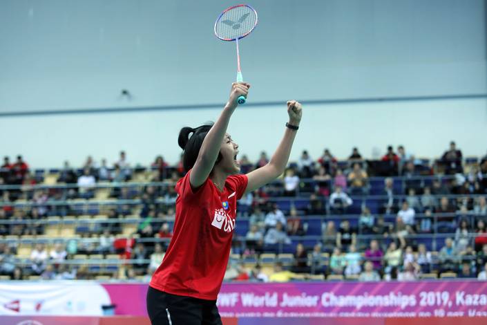 Selebrasi Putri Kusuma Wardani (Indonesia) saat berlaga di ajang World Junior Championships 2019. Selebrasi Putri Kusuma Wardani (Indonesia) saat berlaga di ajang World Junior Championships 2019.