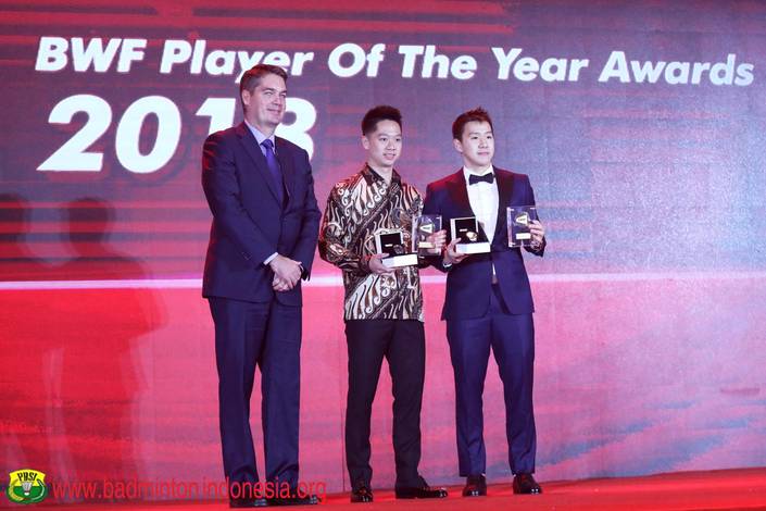 Kevin Sanjaya Sukamuljo/Marcus Fernaldi Gideon (Indonesia) saat mendapatkan penghargaan pebulutangkis pria terbaik 2018 lalu. Kevin Sanjaya Sukamuljo/Marcus Fernaldi Gideon (Indonesia) saat mendapatkan penghargaan pebulutangkis pria terbaik 2018 lalu.