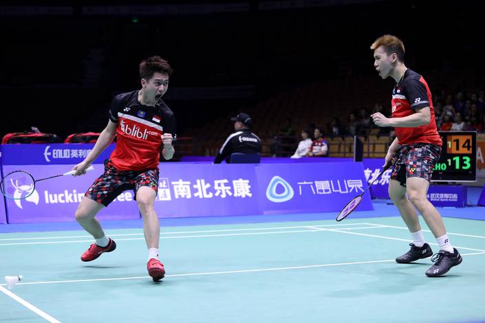 Selebrasi kemenangan Kevin Sanjaya Sukamuljo/Marcus Fernaldi Gideon (Indonesia). Selebrasi kemenangan Kevin Sanjaya Sukamuljo/Marcus Fernaldi Gideon (Indonesia).