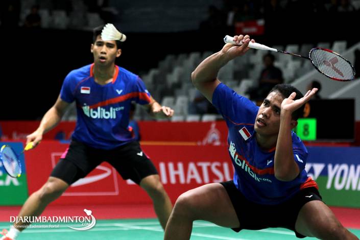 Sabar Karyaman Gutama/Frengky Wijaya Putra (Indonesia) bersiap menghadang serangan. Sabar Karyaman Gutama/Frengky Wijaya Putra (Indonesia) bersiap menghadang serangan.