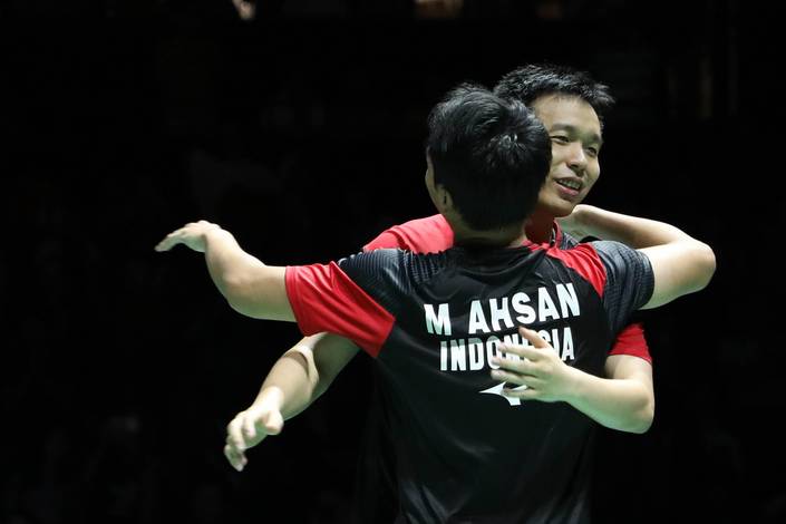 Selebrasi kemenangan Hendra Setiawan/Mohammad Ahsan (Indonesia). Selebrasi kemenangan Hendra Setiawan/Mohammad Ahsan (Indonesia).