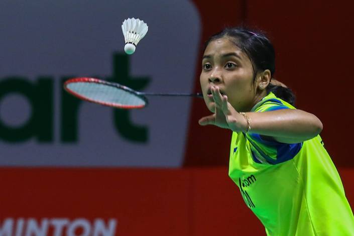 Gregoria Mariska Tunjung (Indonesia) melepaskan servis. Gregoria Mariska Tunjung (Indonesia) melepaskan servis.
