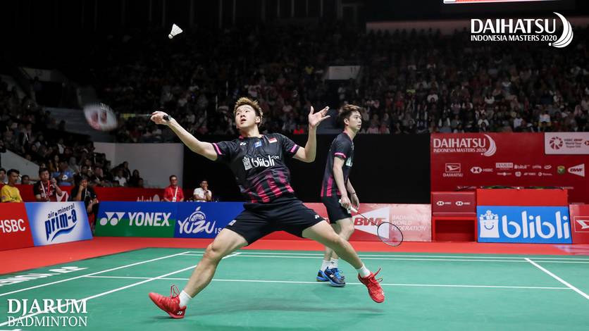 Ganda putra Indonesia nomor satu dunia, Kevin Sanjaya Sukamuljo/Marcus Fernaldi Gideon menyambut pengembalian. Ganda putra Indonesia nomor satu dunia, Kevin Sanjaya Sukamuljo/Marcus Fernaldi Gideon menyambut pengembalian.